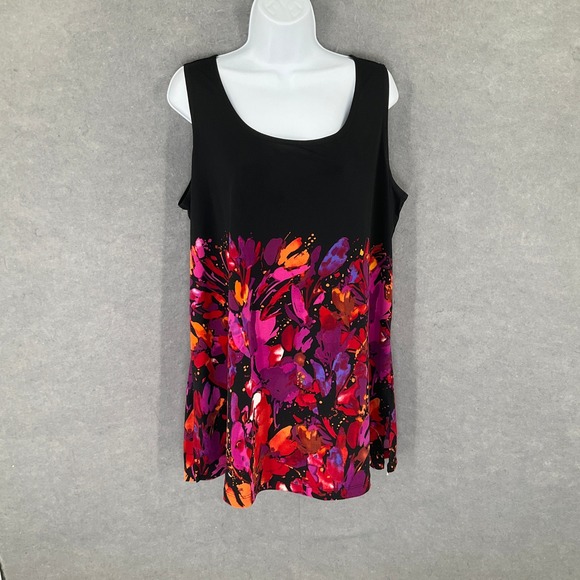Susan Graver Tops - Susan Graver Liquid Knit Tank Top‎ 1X Black Floral Bold Artsy Sleeveless Blouse
